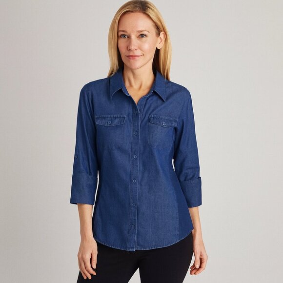 Cavalini Women’s Denim Look Button Down Blouse – Long Sleeve Chambray Shirt - Picture 1 of 8